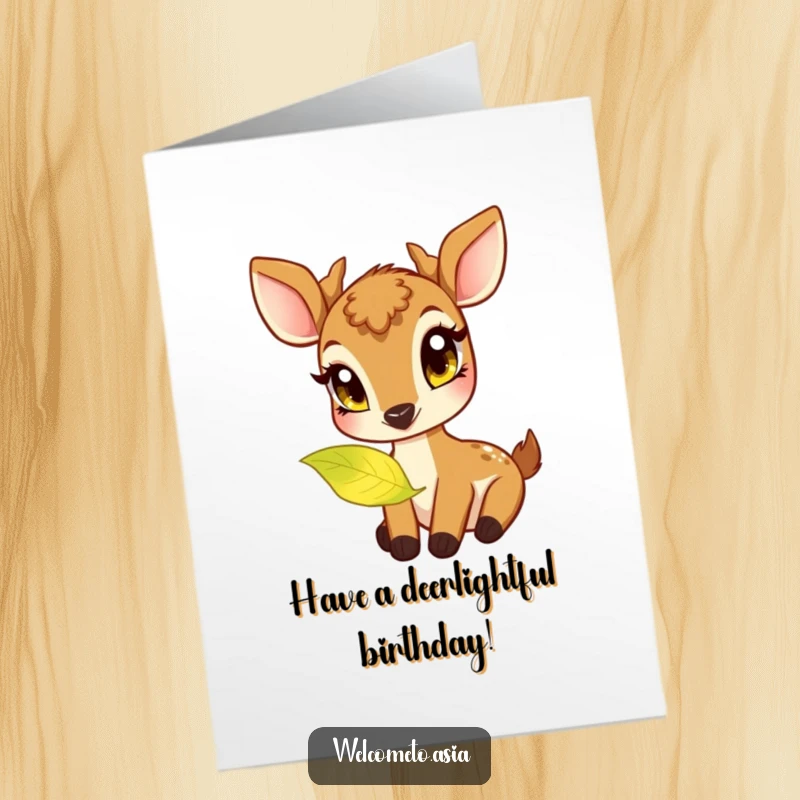 Funny Free Printable Birthday Card: Friendly deer with big curious eyes gently nibbling a softly glowing leaf.
