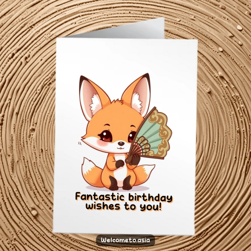 Funny Free Printable Birthday Card: Curious fox with big ears trying to wear a huge ornate fan.