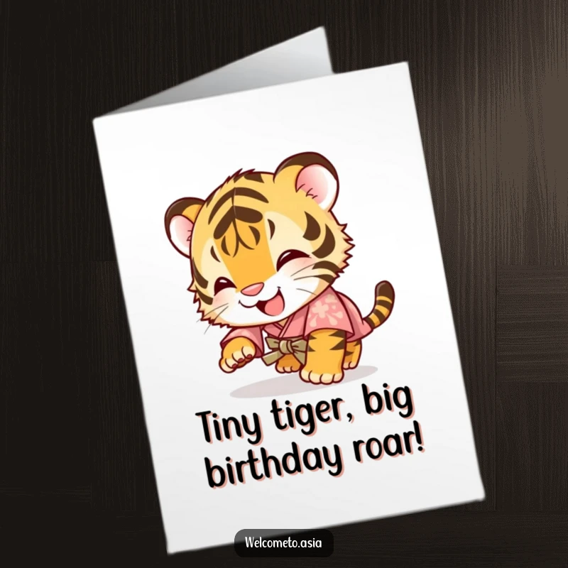 Funny Free Printable Birthday Card: Giggling tiger cub in a tiny kimono tumbles forward with pure joy, ready to celebrate.