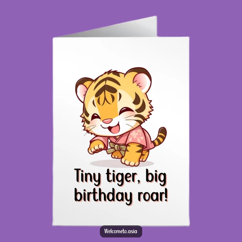 Free Printable Birthday Card: Giggling Tiger Cub Cub in Kimono - Funny Downloadable Gift