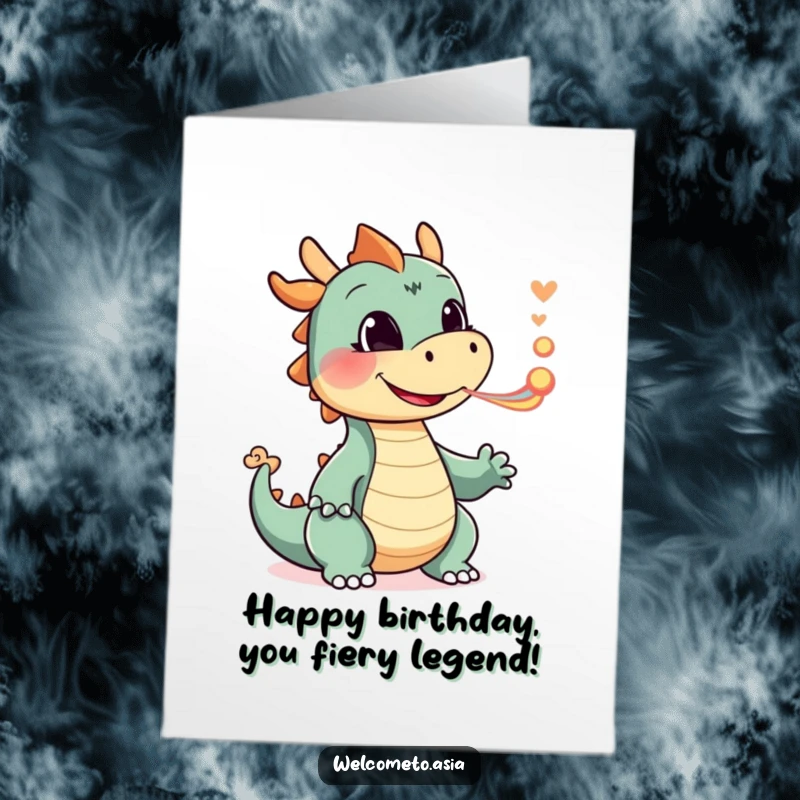 Funny Free Printable birthday card, smiling dragon, blowing colorful smoke puffs, playful character, magical birthday wish, fantasy.
