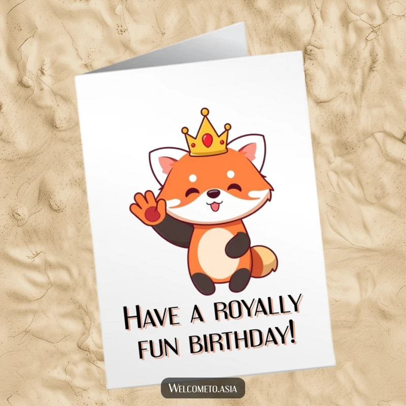 Funny Free Printable Birthday Card: Cute red panda in crown waves happily, celebrating a birthday with royal flair.
