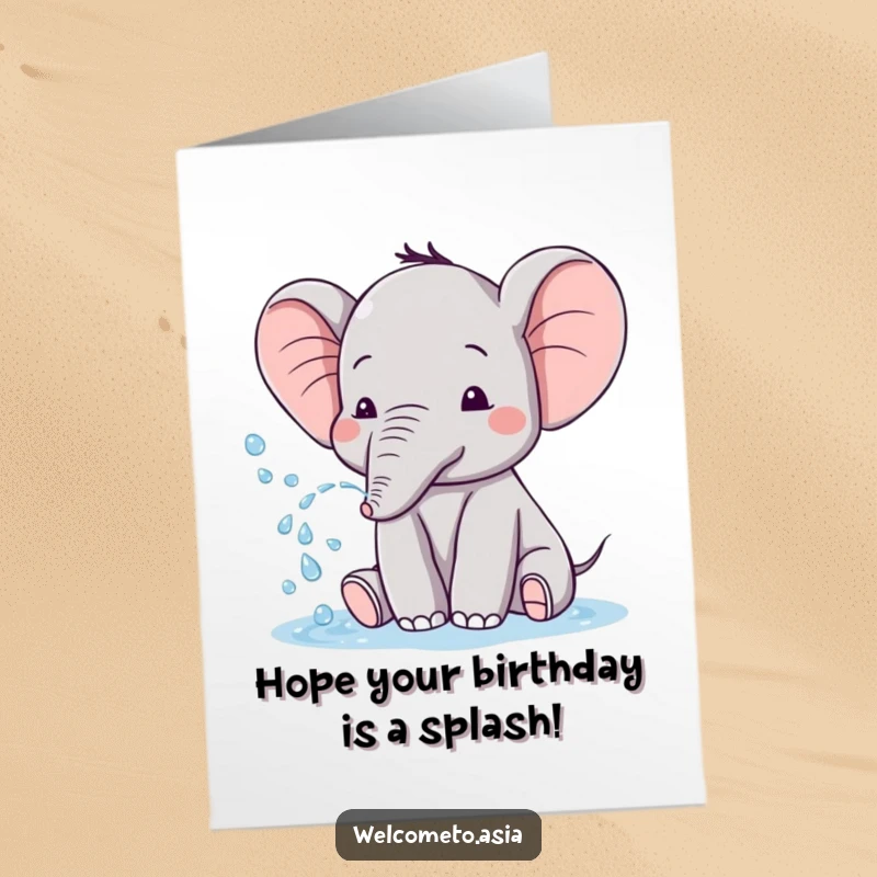 Funny Free Printable Birthday Card: A cute elephant with tiny ears playfully sprays water, creating a joyful birthday shower.