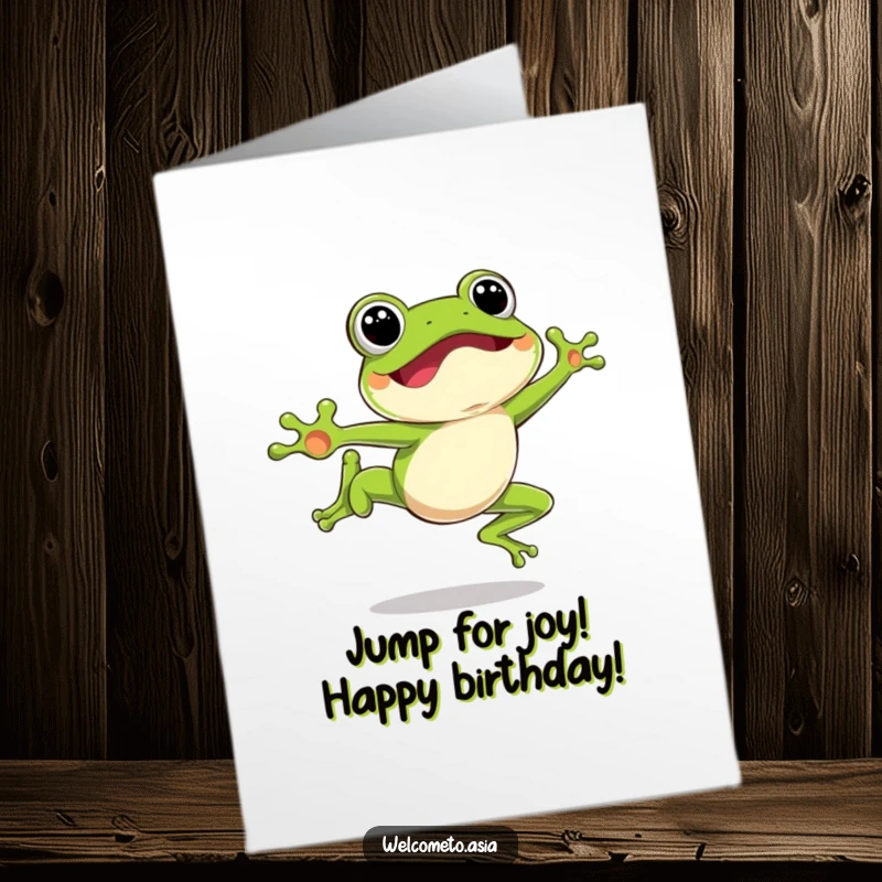 Funny Free Printable birthday card, excited leaping frog, mid-air jump, happy expression, playful character, celebration surprise.