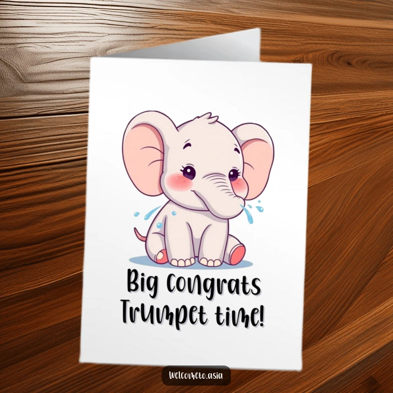 Funny free printable congratulations card featuring a smiling elephant gently spraying water from its trunk, signifying a refreshing moment of success.