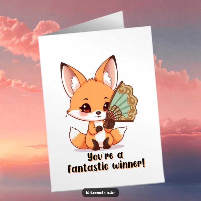 Funny Free Printable Congrats Card: Curious fox with big ears attempting to accessorize with an oversized fan.
