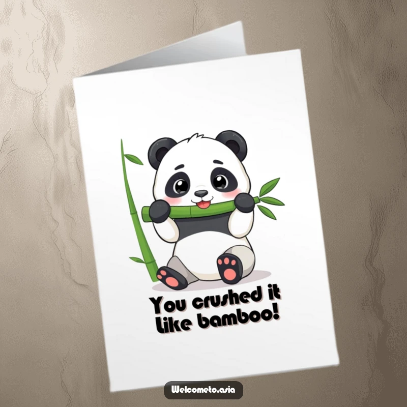 Funny free printable congratulations card featuring a delighted panda enthusiastically devouring a massive bamboo stalk, radiating pure joy.