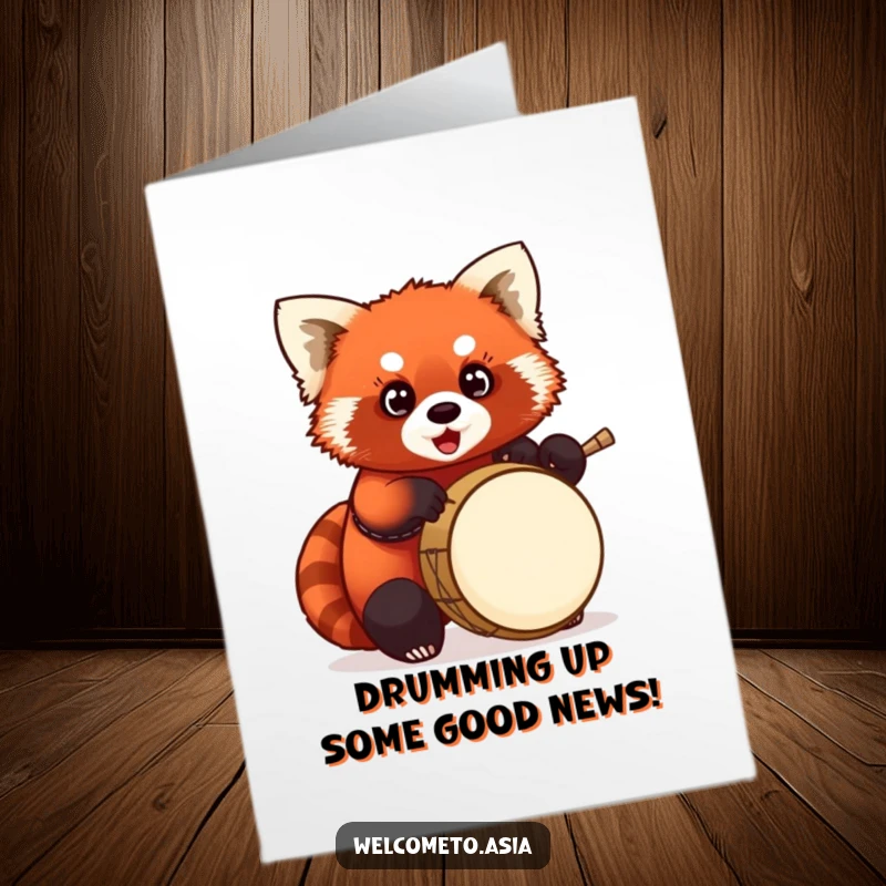 Funny Free Printable Congrats Card: Excited red panda with wide eyes enthusiastically playing a small drum.