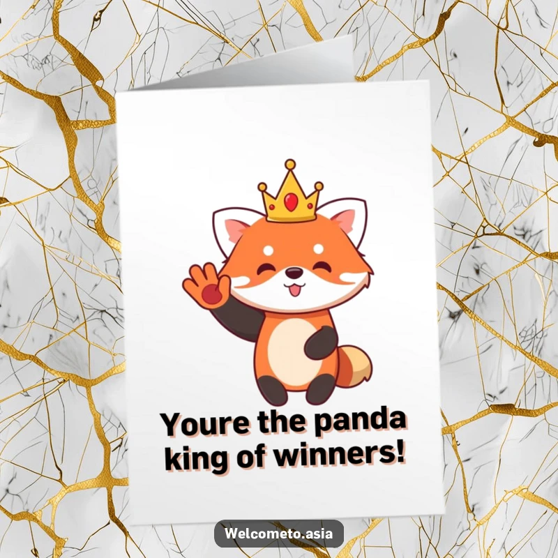 Funny Free Printable Congratulations Card: A cute red panda wearing a small crown waves enthusiastically, signifying a royal congratulations.