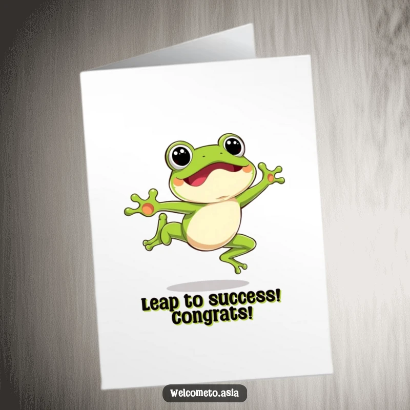 Funny Free Printable congratulations card, excited leaping frog, mid-air jump, happy expression, celebrating success, big achievement.