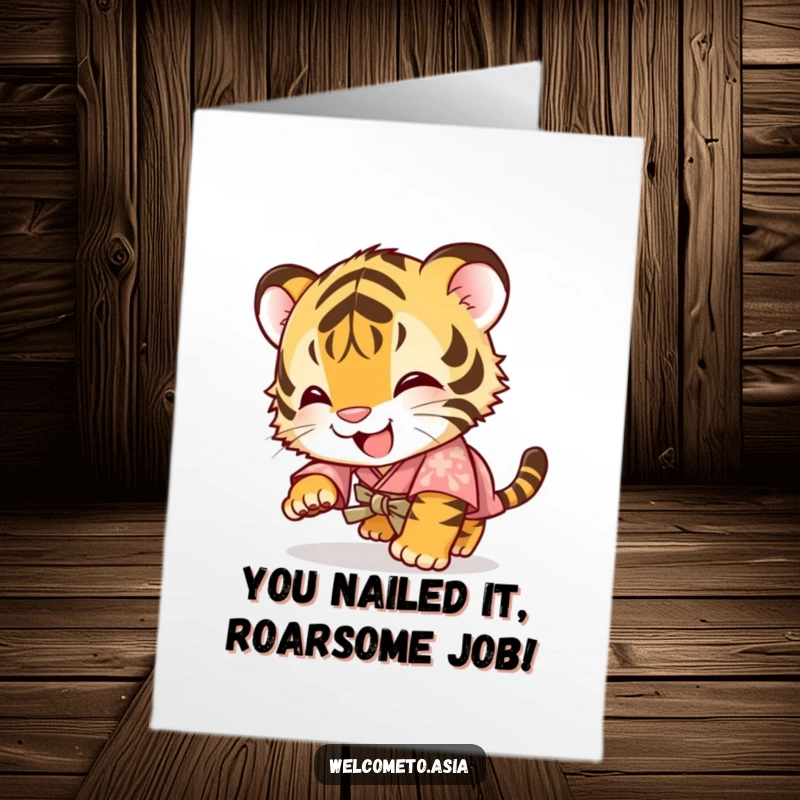Funny Free Printable Congratulations Card: Giggling tiger cub in a small kimono tumbles forward, celebrating a fantastic achievement.