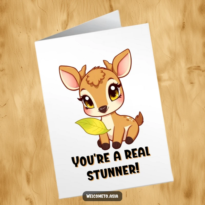 Funny Free Printable Congratulations Card: A gentle deer with curious eyes peacefully eating a luminous, glowing leaf.