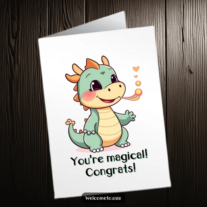 Funny Free Printable congratulations card, smiling dragon, blowing colorful smoke puffs, playful character, celebrating success, vibrant message.
