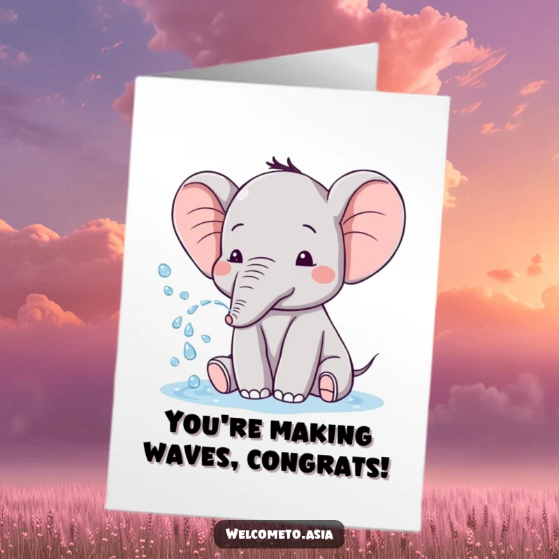 Funny Free Printable Congratulations Card: A cute elephant with tiny ears playfully sprays water in a triumphant celebration.