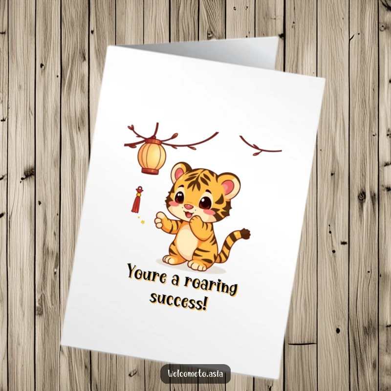 Funny free printable congratulations card of a curious tiger cub playfully batting at a swinging lantern, celebrating achievements with enthusiasm.