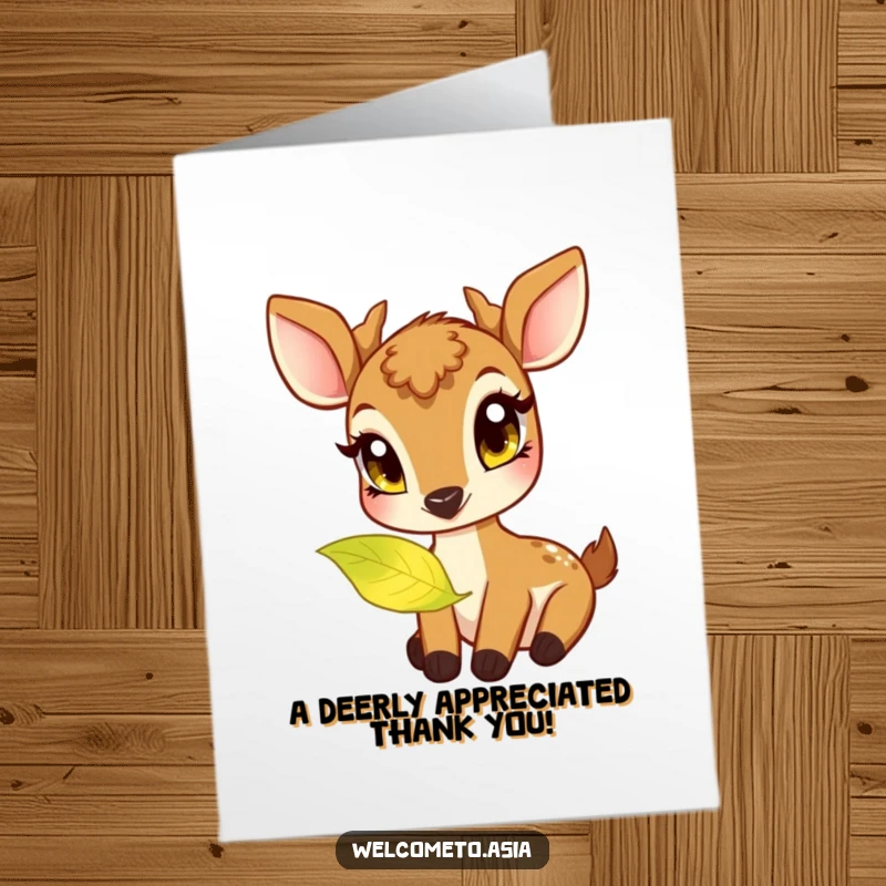 Funny Free Printable Thank You Card: Gentle deer with curious eyes nibbling a glowing leaf, symbolizing heartfelt thanks.