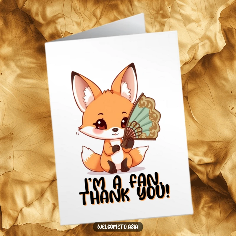 Funny Free Printable Thank You Card: Curious fox with big ears trying on a large ornate fan.