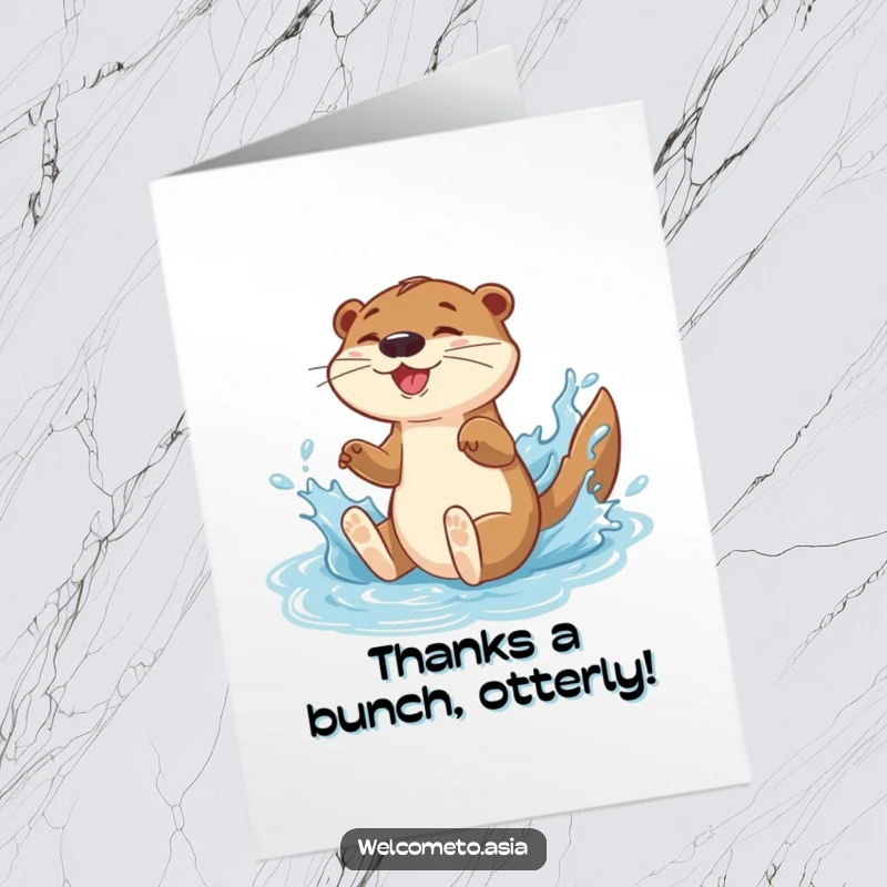 Funny Free Printable Thank You Card: Energetic otter splashing water, conveying joyful gratitude and appreciation.