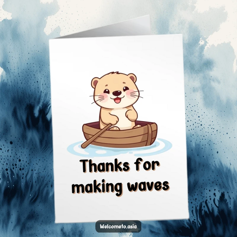 Funny Free Printable thank you card with a smiling otter paddling a little boat, conveying warm appreciation.