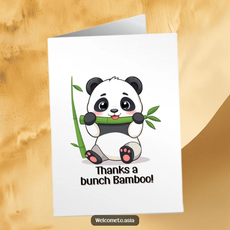 Funny free printable thank you card depicting a content panda happily chewing on a plentiful bamboo shoot, a picture of pure bliss.