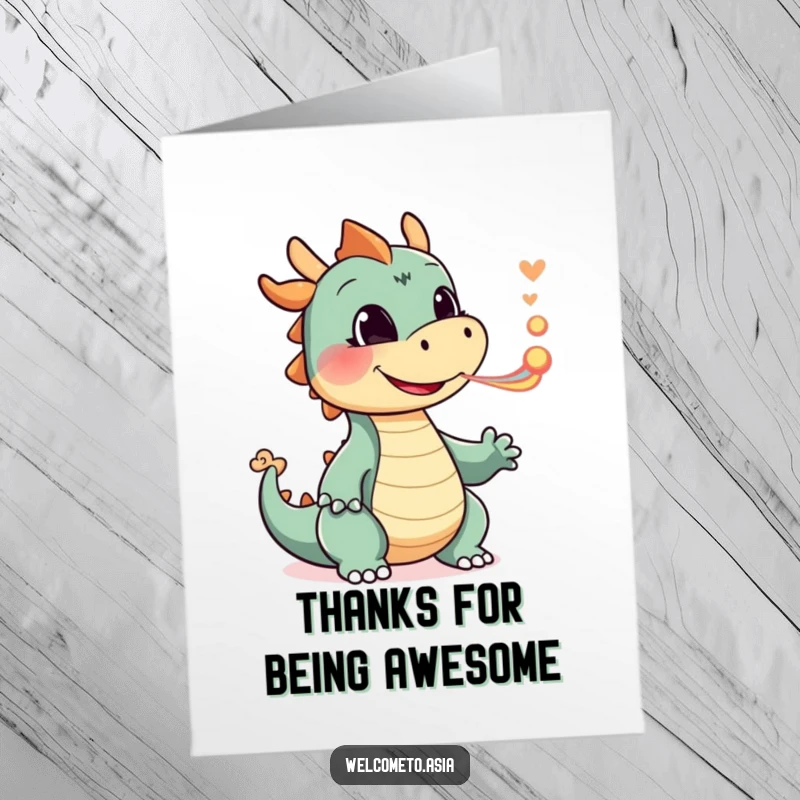 Funny Free Printable thank you card, smiling dragon, blowing colorful smoke puffs, playful character, grateful thanks, magical message.