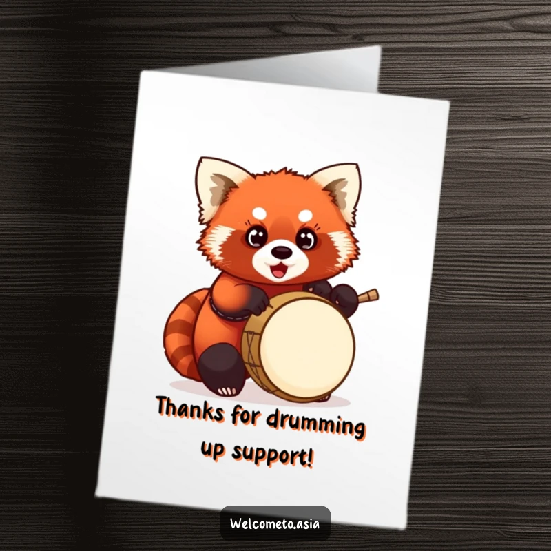 Funny Free Printable Thank You Card: Happy red panda with wide eyes enthusiastically drumming along.