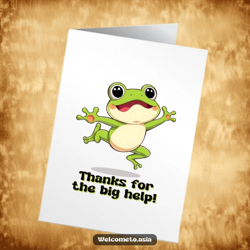Funny Free Printable thank you card, excited leaping frog, mid-air jump, happy expression, grateful thanks, joyful message.