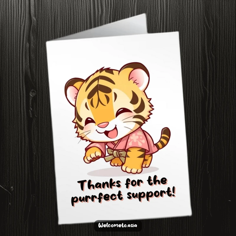 Funny Free Printable Thank You Card: Giggling tiger cub in a small kimono tumbles forward, expressing thanks with glee.