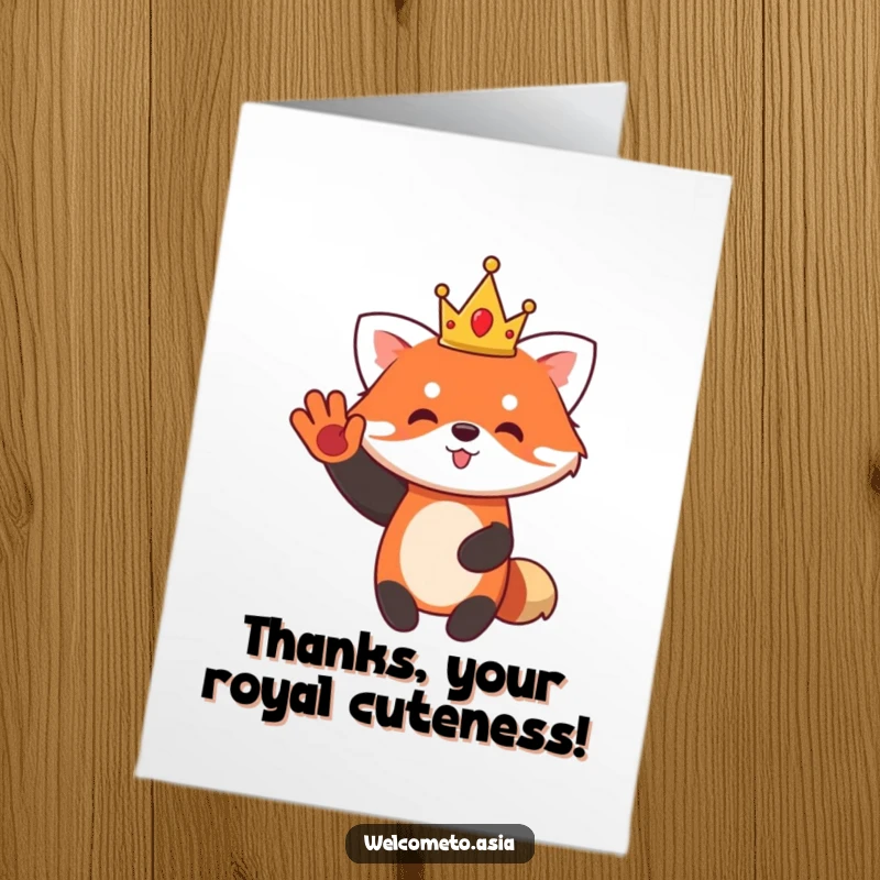 Funny Free Printable Thank You Card: A cute red panda with a crown waves with gratitude, offering thanks.