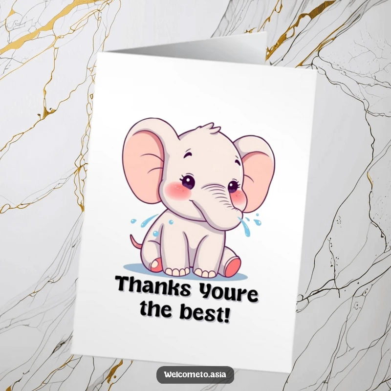 Funny free printable thank you card of a smiling elephant elegantly spraying water from its trunk, conveying sincere gratitude with a splash.