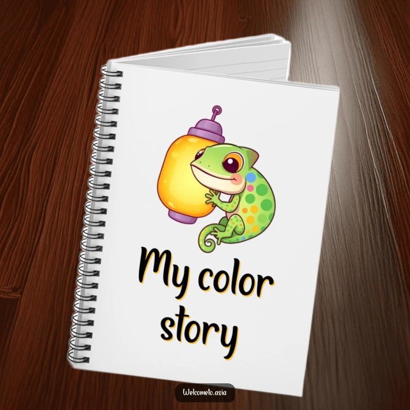Funny notebook with a giggling, colorful chameleon comically failing to camouflage against a bright lantern, a humorous and inspiring journal cover.