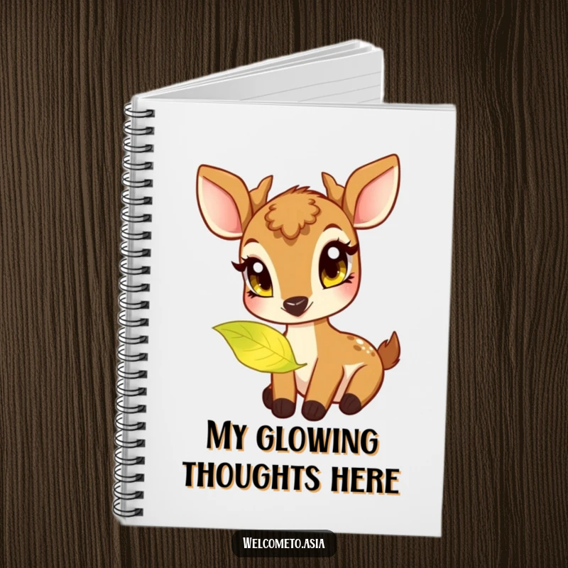 Funny notebook cover art: a friendly deer with large, curious eyes nibbling on a softly glowing, magical leaf.