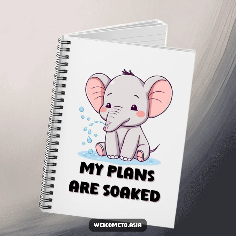 Funny notebook with a cute elephant sporting tiny ears, playfully spraying water, ideal for jotting down notes and ideas.