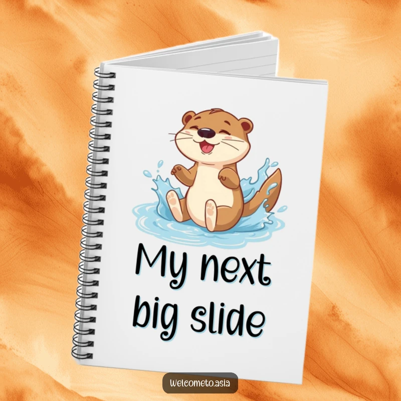 Funny notebook cover art: an energetic otter character gleefully sliding down a water feature with a big, playful splash.