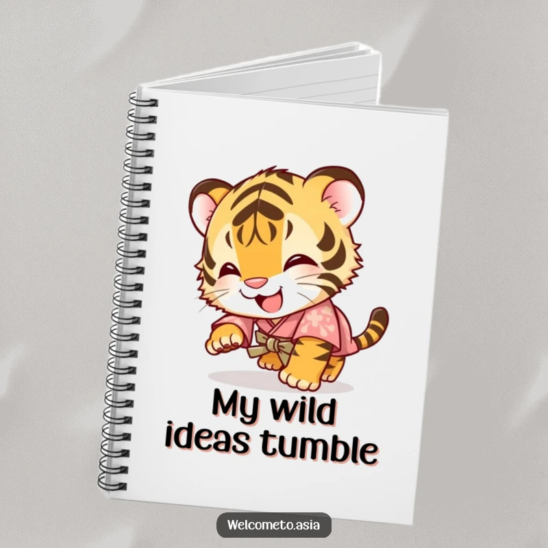 Funny notebook featuring a giggling tiger cub wearing a small kimono, tumbling forward with an ecstatic and humorous expression for note-taking.