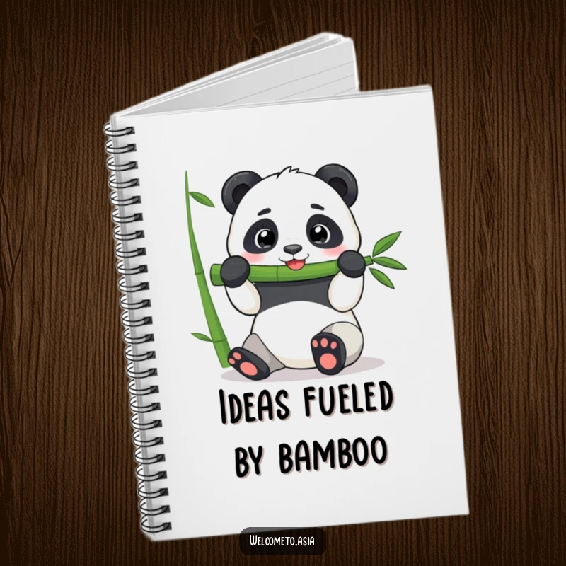 Funny Panda Notebook: A cheerful panda character is depicted enjoying a large bamboo shoot, ready for your notes.