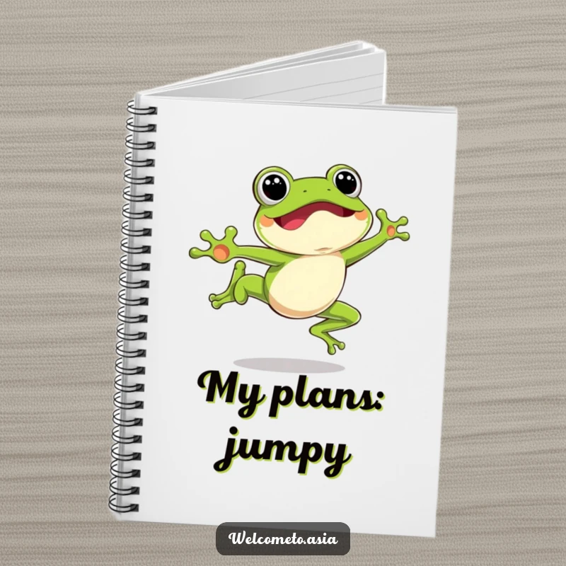 Funny Leaping Frog Notebook showing an excited frog character mid-air, ideal for capturing energetic thoughts and ideas.