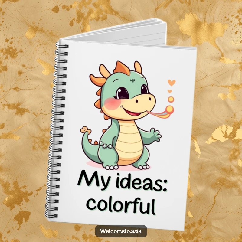 Funny Smiling Dragon Notebook showing a happy dragon character playfully blowing a tiny puff of colorful smoke, ideal for magical ideas.