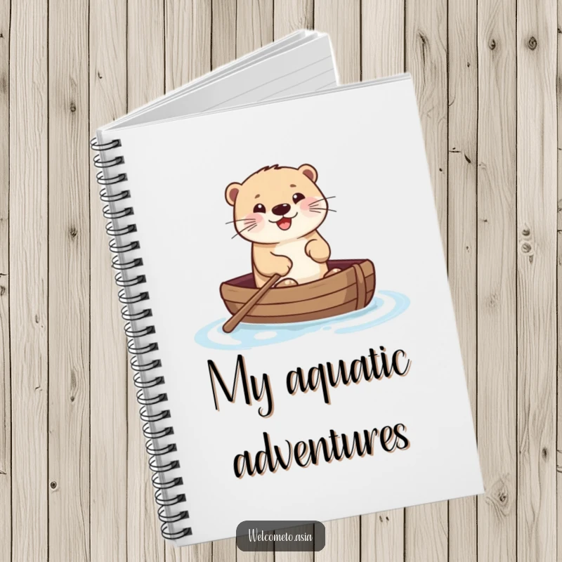 Funny notebook with a smiling otter happily paddling a small boat on water, designed for journaling adventures and inspiring creative thoughts.