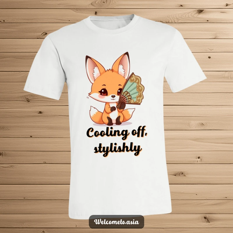 Funny Fox Fan T-Shirt: Curious fox with big ears, trying to wear an oversized ornate fan, whimsical fashion illustration.