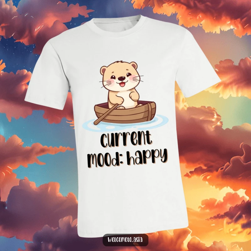 Funny t-shirt graphic of a smiling otter joyfully paddling a tiny boat across a serene body of water, depicting cute and happy adventure.