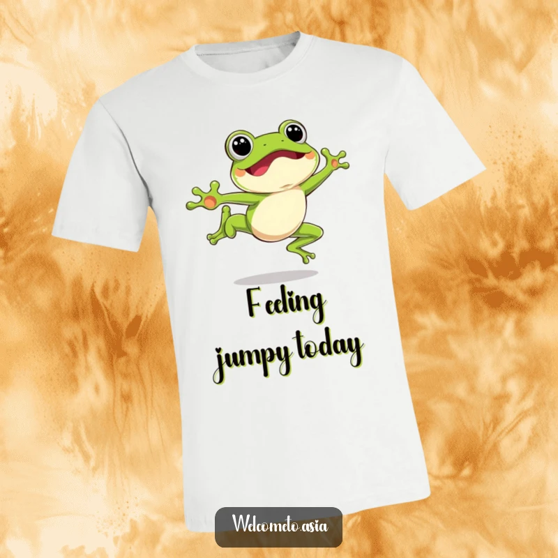 Funny Leaping Frog T-Shirt showing an excited frog character mid-air, embodying boundless energy and playful spirit.