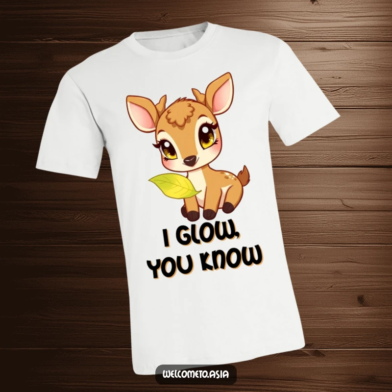 Funny t-shirt with a friendly deer, large curious eyes, nibbling on a softly glowing, magical leaf.