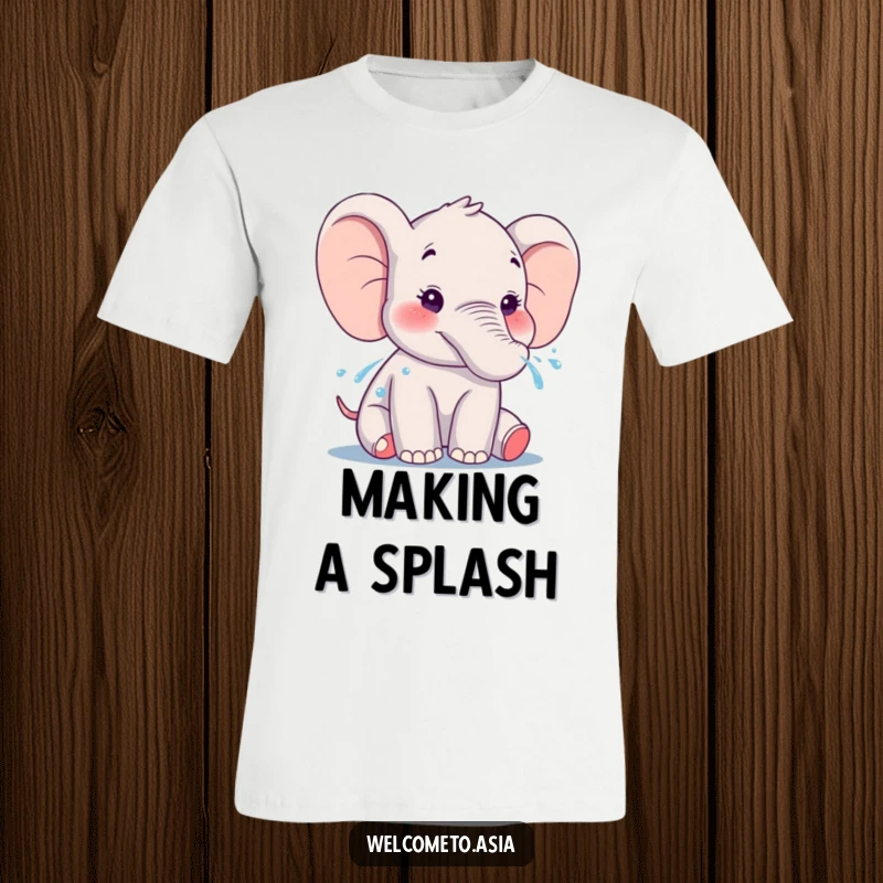 Funny Elephant T-Shirt: A smiling elephant character is depicted gently spraying water from its trunk, embodying pure happiness.