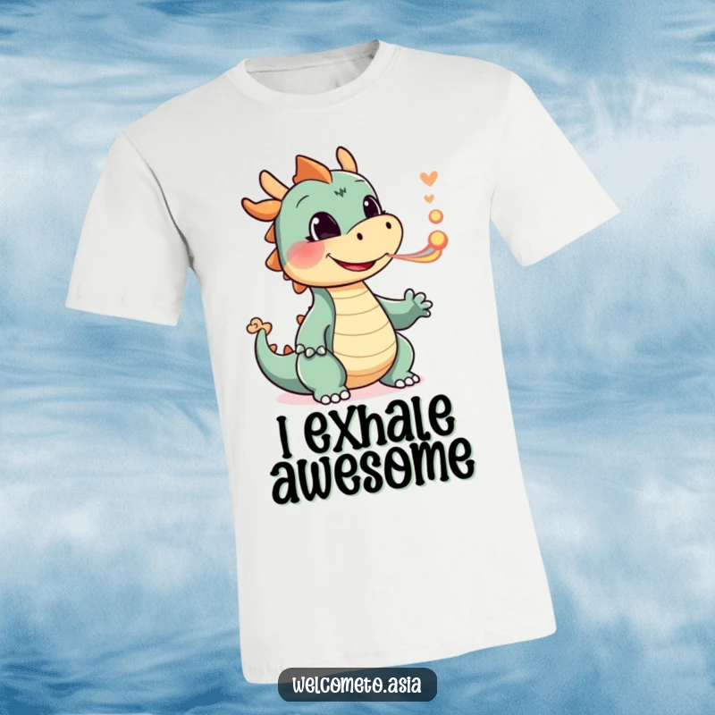 Funny Smiling Dragon T-Shirt showcasing a happy dragon character playfully blowing a tiny puff of colorful smoke, embodying whimsical charm.