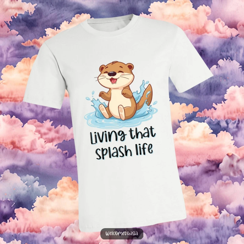 Funny t-shirt showcasing an energetic otter sliding down a water feature, captured mid-splash with extreme gleeful excitement.