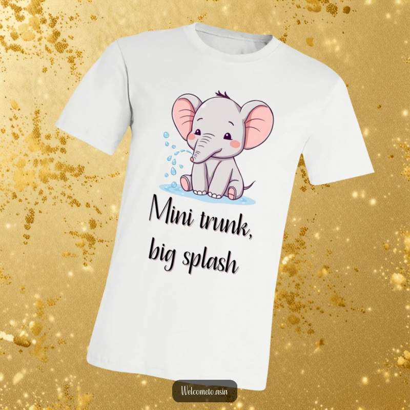 Funny t-shirt depicting a charming elephant with remarkably small ears, playfully spraying water with a joyful and mischievous demeanor.