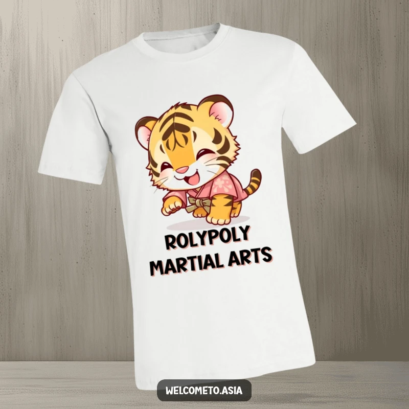 Funny t-shirt featuring a giggling tiger cub in a small, adorable kimono, mid-tumble with a joyful and infectious expression.