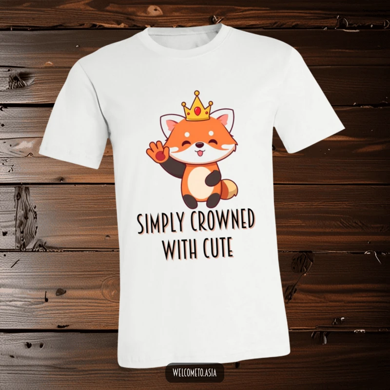 Funny Red Panda T-Shirt of a cute character wearing a small crown, waving enthusiastically, a happy ruler.