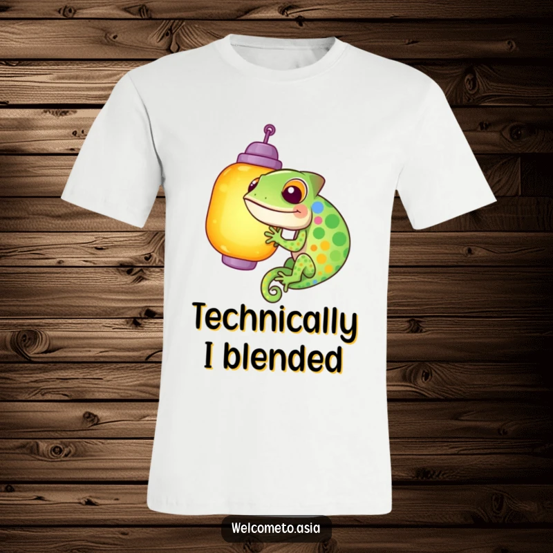 Funny t-shirt featuring a giggling chameleon with colorful spots, comically failing to blend into a bright lantern, showcasing a humorous struggle.